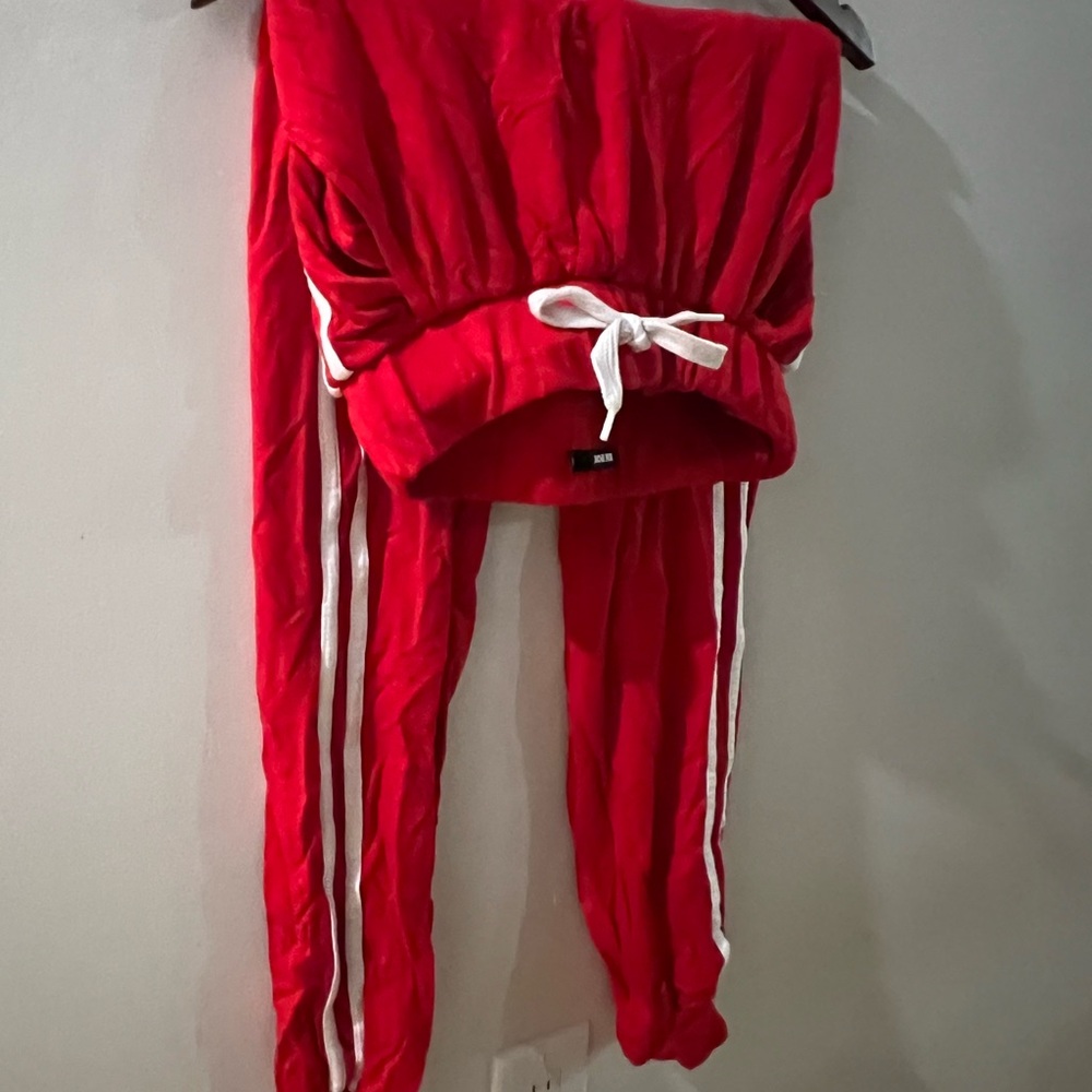 Red Track Pants with White Stripes